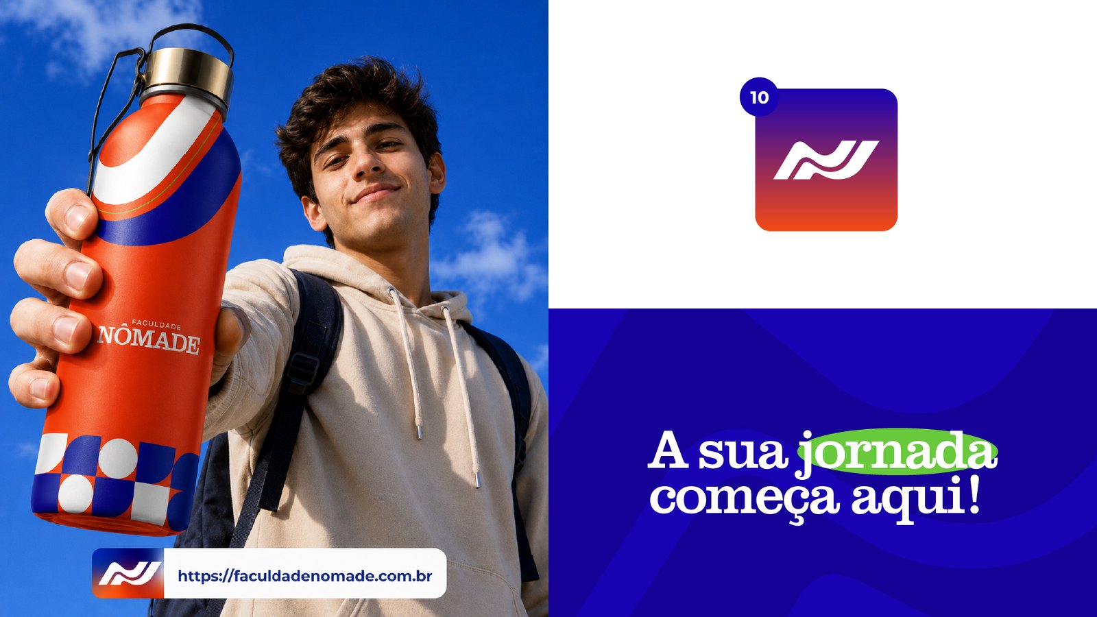 Aluno apresentando uma garrafa com a identidade da Faculdade Nômade